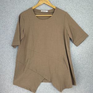 Women's Misslook Size Medium Tan Brown Asymmetric Hem Top With Pockets Lagenlook